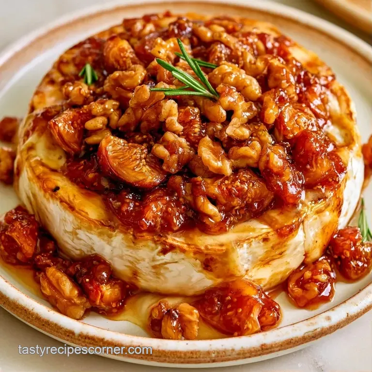 Creamy melted cheese topped with glistening purple preserves and toasted walnuts on a rustic wooden serving board.