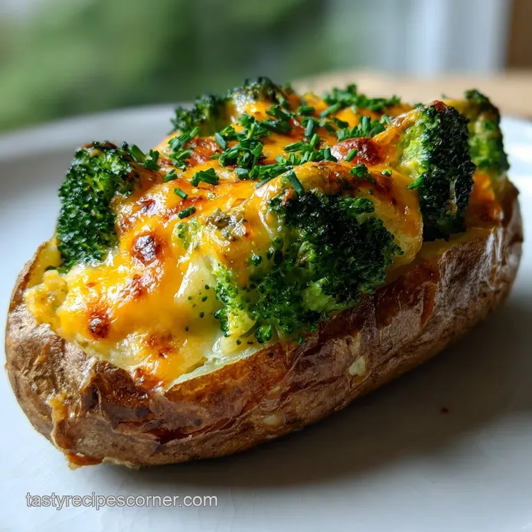 Creamy, cheesy twice baked potato with tender broccoli served on a white plate; herbs add a pop of freshness, steam rising.