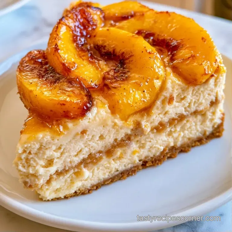 A chilled slice of layered cake on a ceramic plate, featuring velvety cream and glossy, caramelized peach chunks.