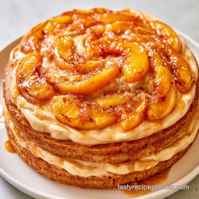 A single slice of moist golden cake on a ceramic plate, topped with a swirl of cream and a fresh peach wedge.