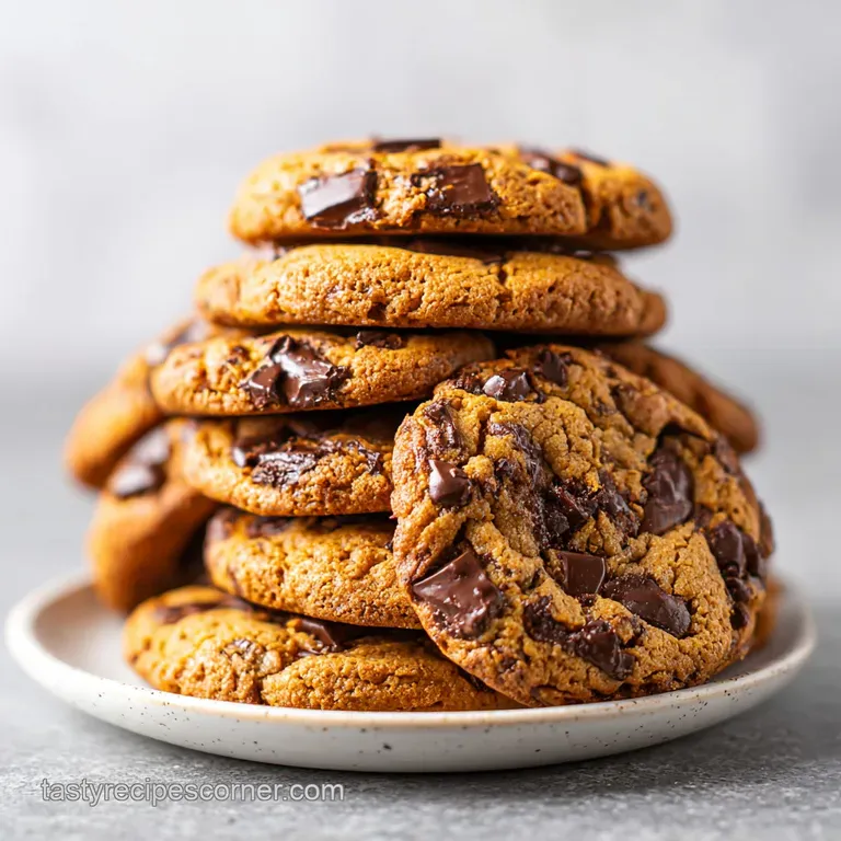 Stack of chocolate chunk cookies on a plate, dappled sunlight, hints of chocolate chips & golden brown textures.