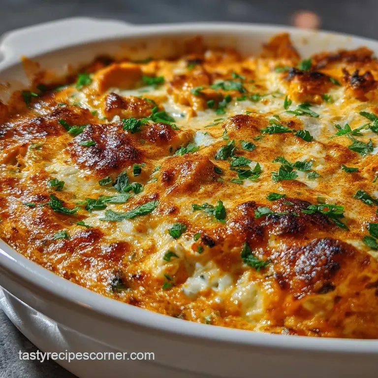 Creamy buffalo chicken dip in a white bowl, topped with melted cheese and served with celery sticks and toasted bread.