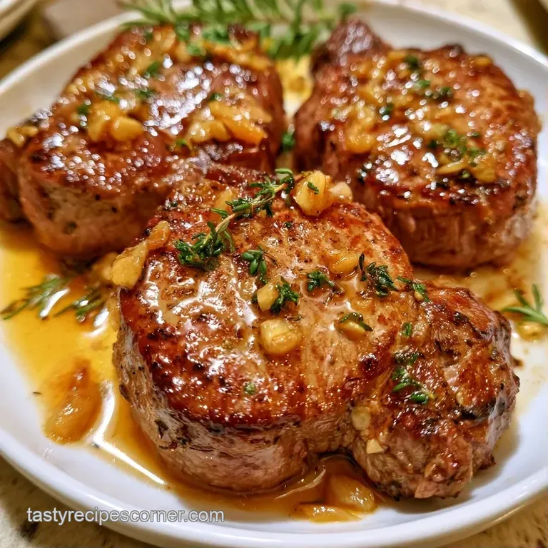 Two seared steaks resting on a white plate, glistening with melted butter, golden garlic, and fresh herb sprigs.