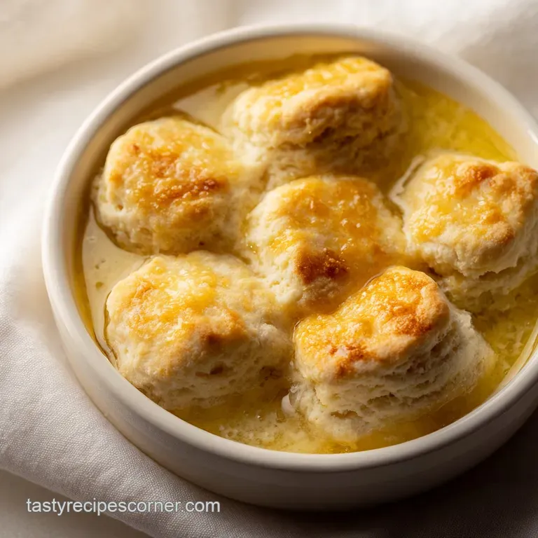 A stack of flaky, warm biscuits on a white ceramic plate with melted gold butter glistening and dripping down sides.