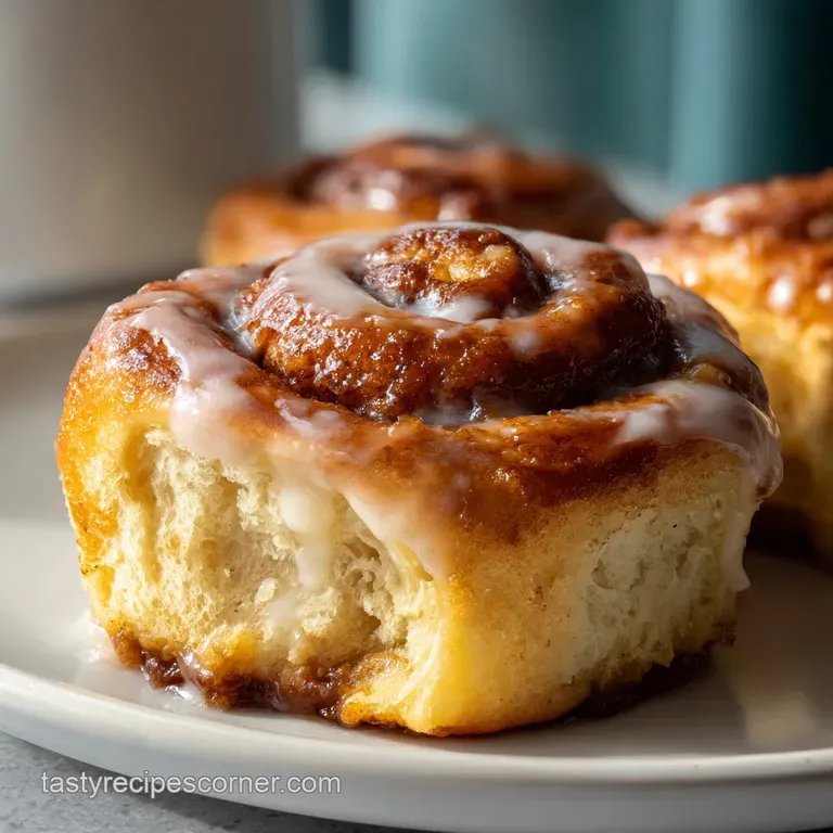 A single, perfectly formed cinnamon roll with icing, set on a white plate with a dusting of powdered sugar.
