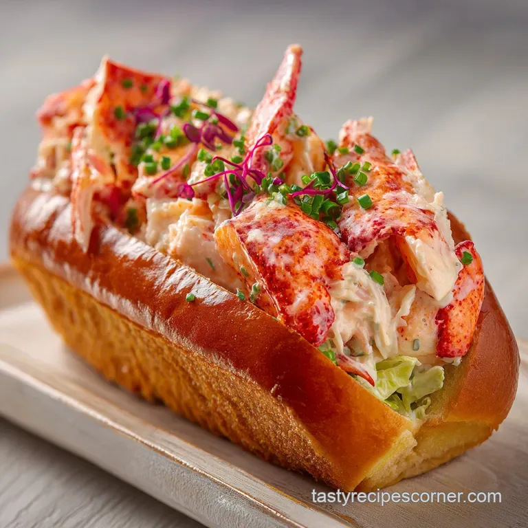 Generous lobster roll artfully arranged with a side of crisp, golden fries.