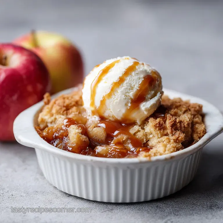 A generous scoop of caramel apple cobbler, topped with a dollop of melting vanilla ice cream and a drizzle of caramel.