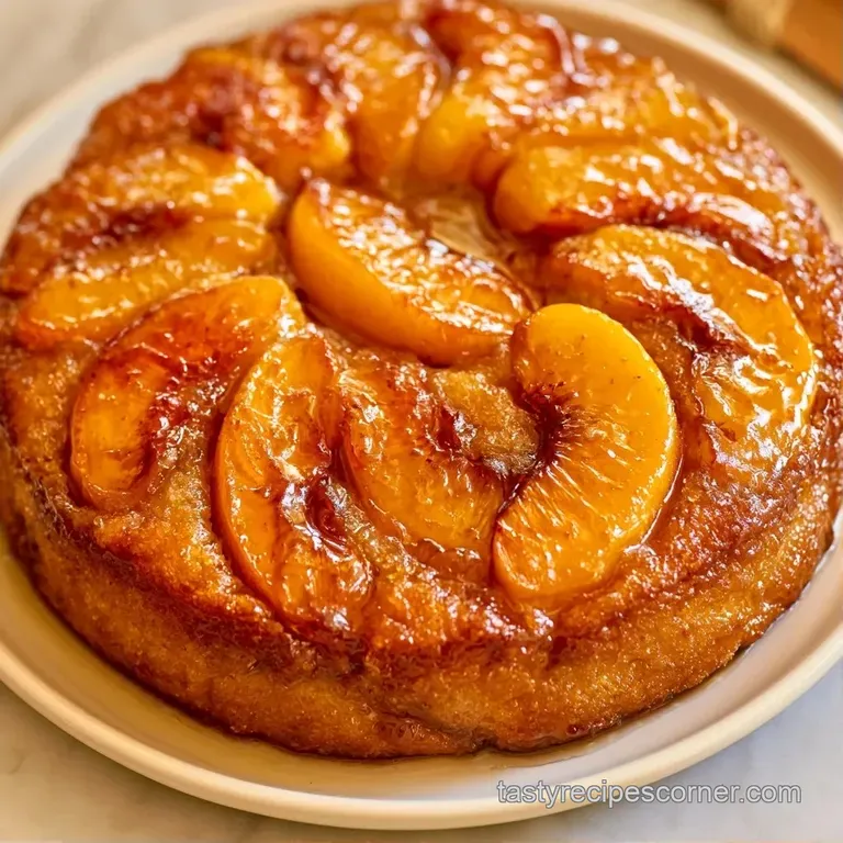 A slice of golden sponge cake topped with glistening amber peaches on a white plate with a drizzle of syrup.