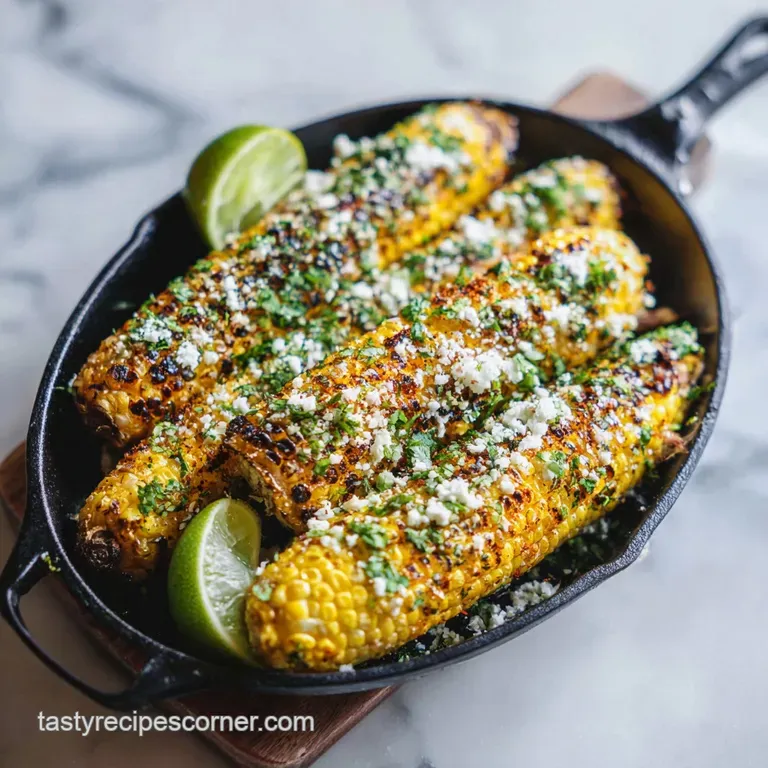 A perfectly grilled ear of corn, generously coated in spices and cheese, artfully arranged on a white plate.