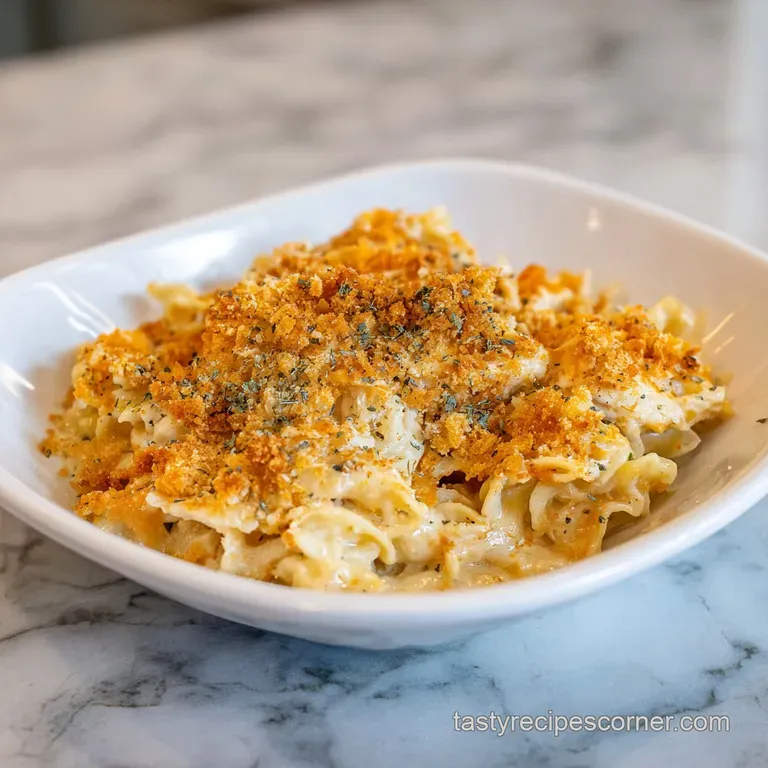 A single, warm serving reveals tender noodles and chicken. Topped with buttery cracker crumbs and fresh parsley.