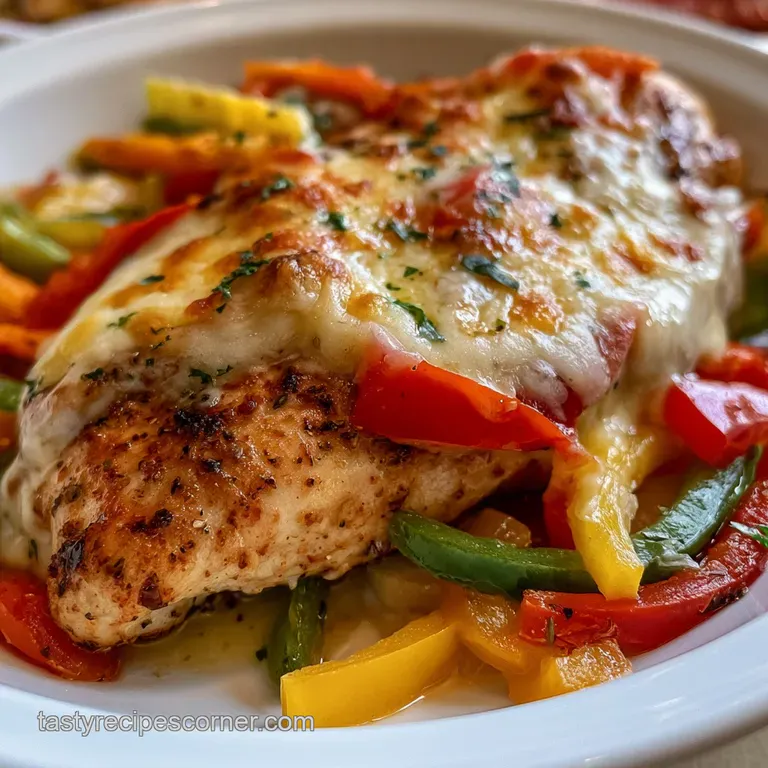 Slices of tender chicken topped with melted cheese and colorful saut&eacute;ed peppers on a white ceramic platter.