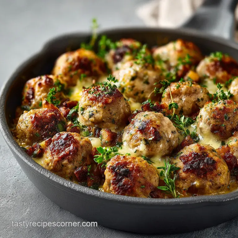 A neat stack of golden sausage balls with melted cheese oozing from the sides, on a white plate.