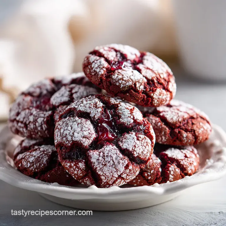 A stack of dark chocolate crinkle cookies with cherries, arranged on a light plate, creating an appealing color contrast.