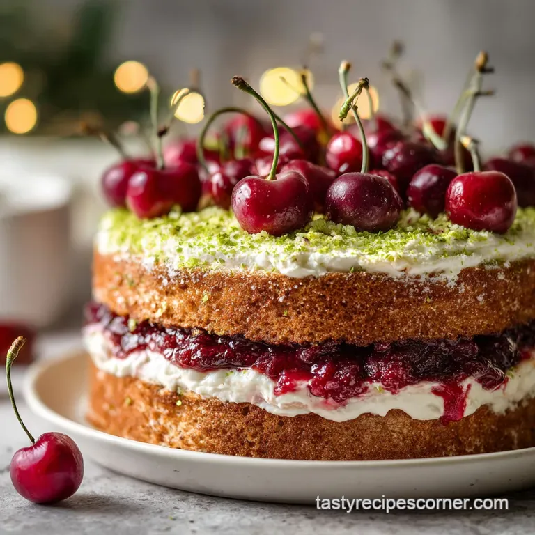 Tall slice of cherry limeade cake on a plate. Fluffy pink layers peek through the sweet citrusy icing, topped with a brigh...