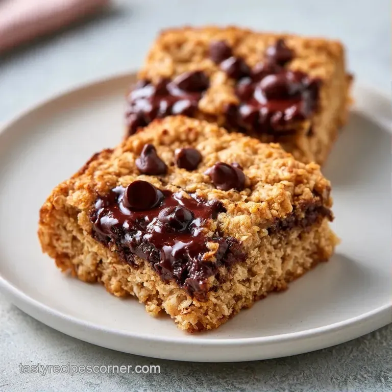 Neatly stacked chewy oat squares with melted chocolate chips on a white ceramic plate beside a glass of milk.