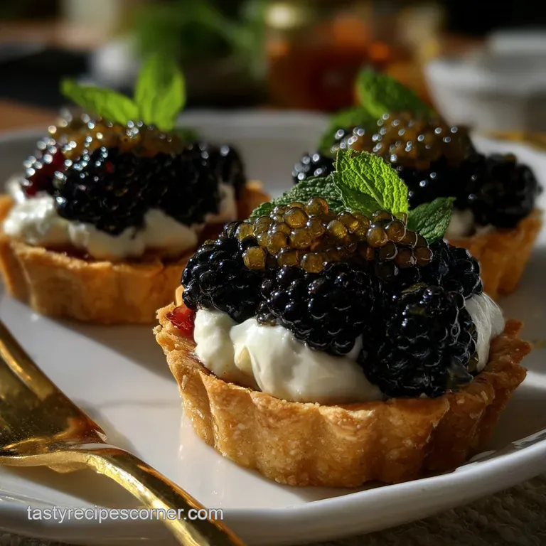 Elegant, individual caviar tartlets arranged artfully on a white plate, garnished with microgreens. A chic appetizer with ...