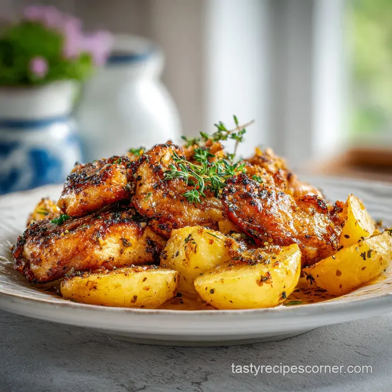 Plated roasted chicken and potatoes, skin glistening, served with vibrant herbs and a drizzle of flavorful pan sauce.
