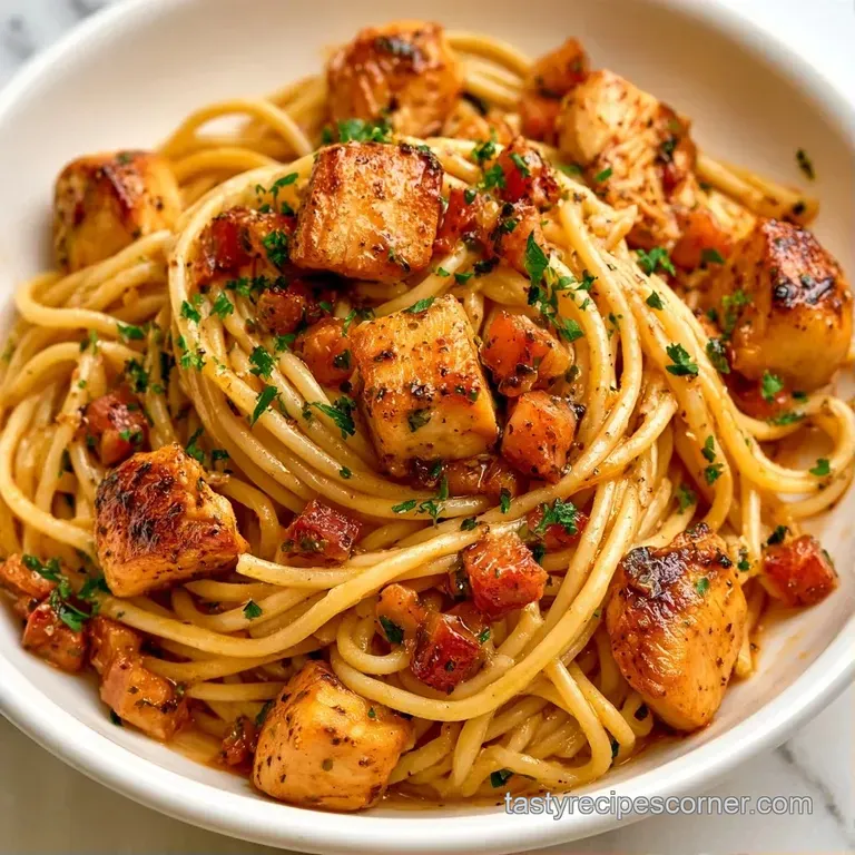 Elegant twirls of spaghetti on a white plate, coated in silky pale sauce with golden chicken and crisp bacon bits.