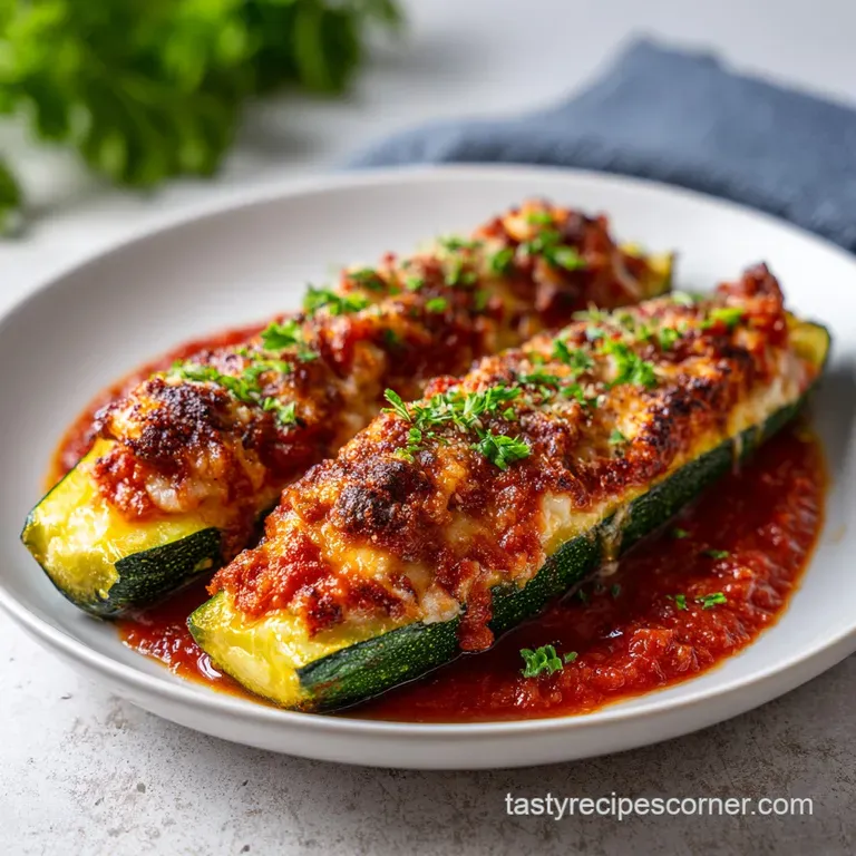 Elegant plating showcases zucchini boats topped with melted cheese, fresh basil, and a side of sauce.