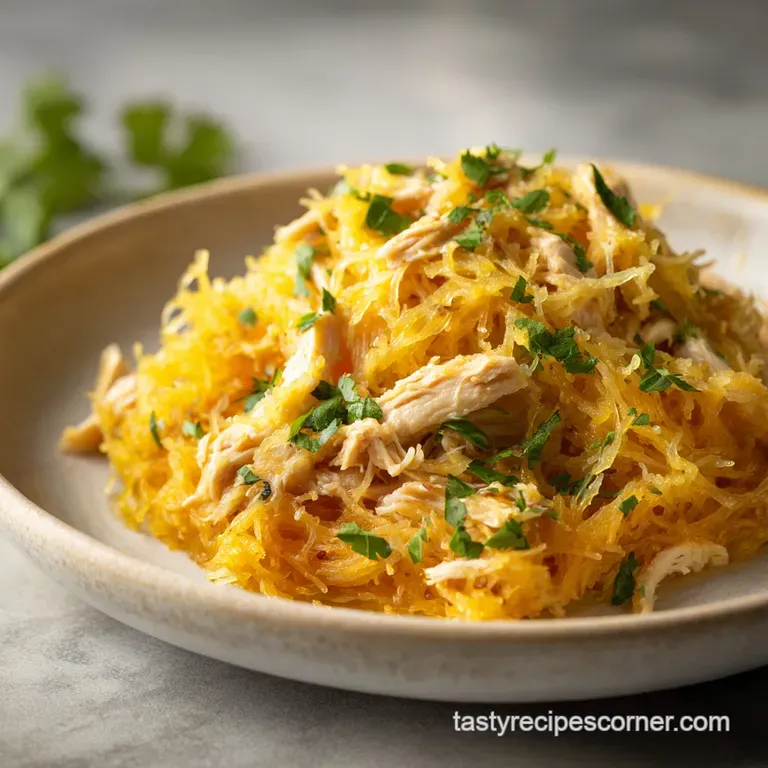 Warm, inviting plate of chicken spaghetti squash with a fork. Stringy squash and tender chicken shine in creamy sauce.