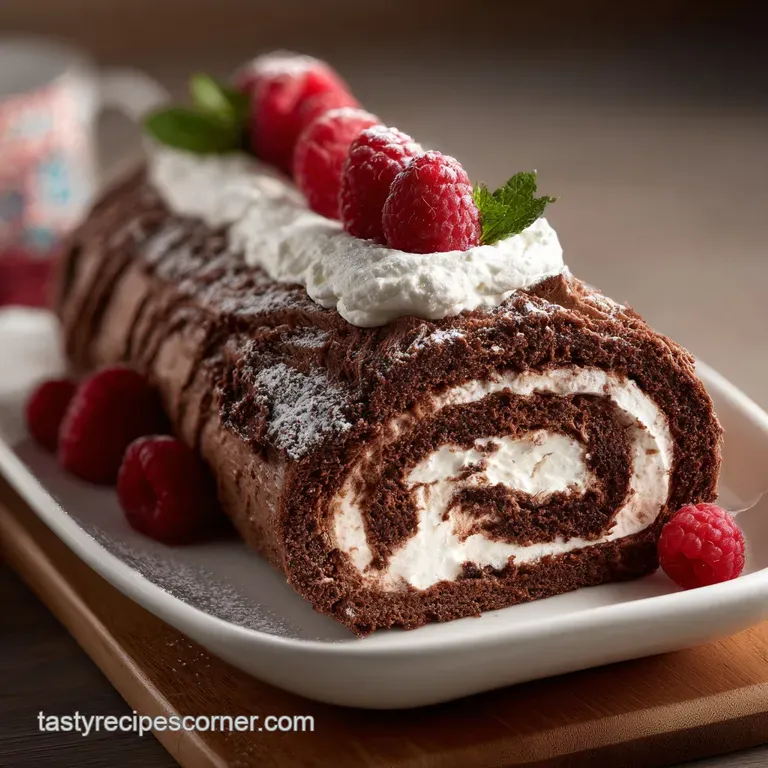 A slice of frosted chocolate Yule log cake reveals airy sponge within, garnished with sugared cranberries and rosemary spr...