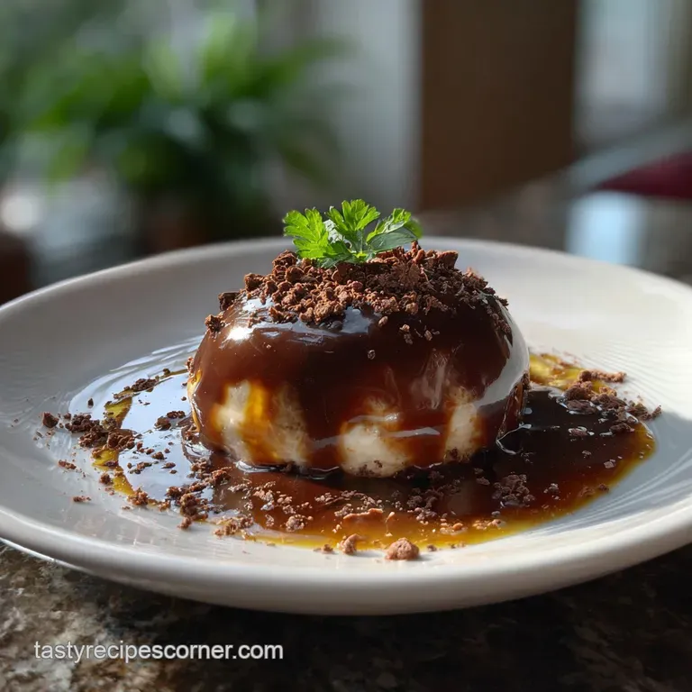 Dark chocolate dessert slice on a white plate, swirled with champagne sauce and a single raspberry. Sophisticated, rich te...