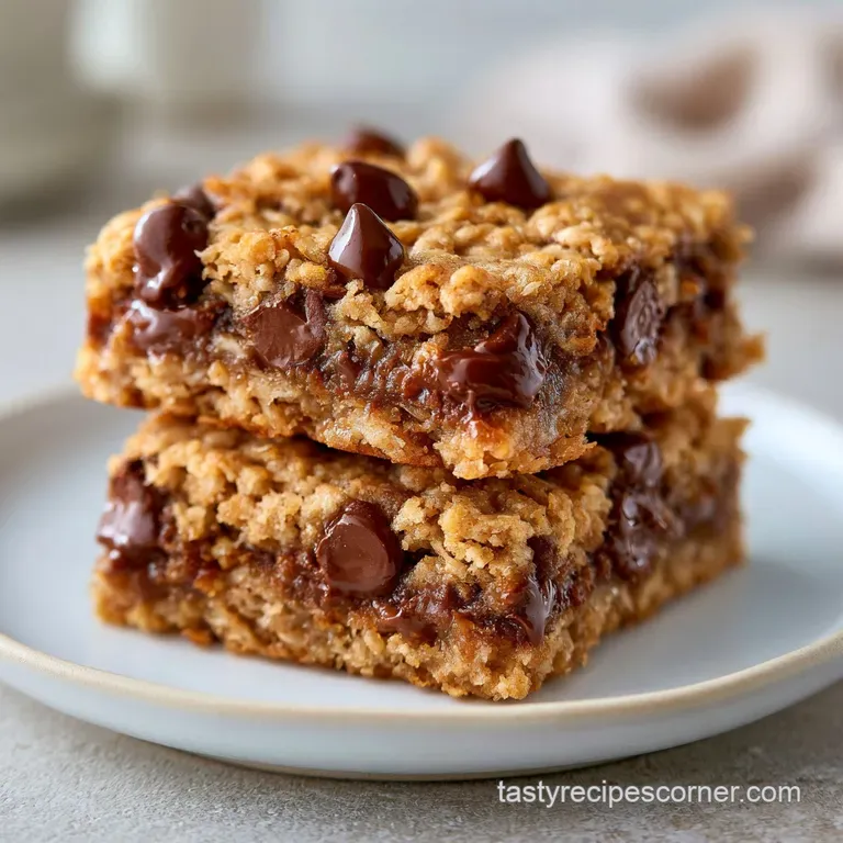 Stacked golden oat bars with glistening chocolate morsels on a white ceramic plate beside a glass of cold milk.