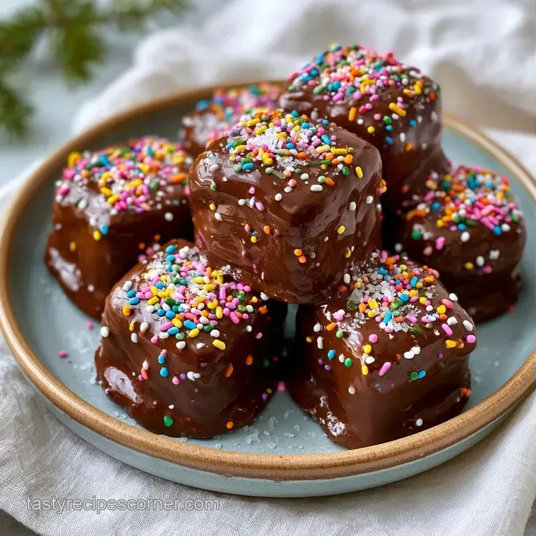Neatly sliced dark chocolate squares on a white ceramic plate, garnished with a dusting of cocoa and mint leaves.