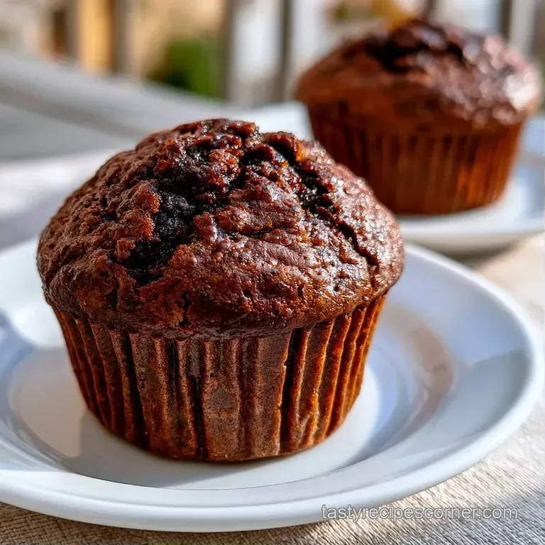 A dark cocoa muffin on a white ceramic plate, accented by a dollop of whipped cream and a fresh mint leaf.