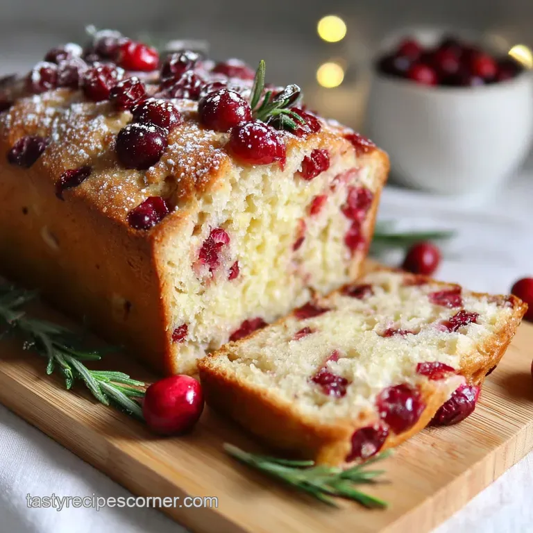 Slice of vibrant cranberry bread on a white plate, showcasing moist crumbs and juicy cranberries, alongside a cup of tea.