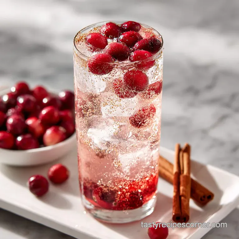 A single Christmas mocktail, garnished beautifully with sugared cranberries, rosemary, and orange slice, catches the light...