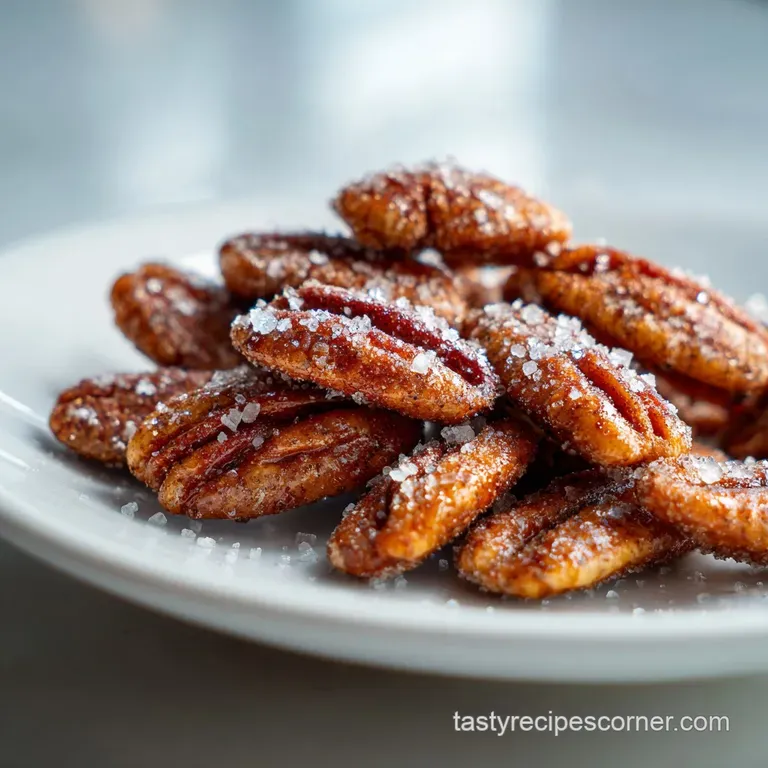 A neat pile of glazed, amber-hued toasted nuts served in a small ceramic white bowl atop a soft linen napkin.