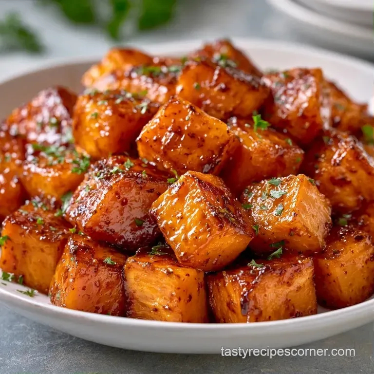 Cubed orange root vegetables glazed in brown butter, served in a bowl with a sprinkle of fresh parsley.