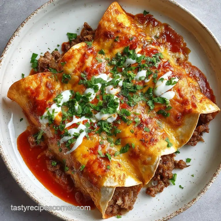 Stacked enchiladas glistening with melted cheese, served with vibrant cilantro and creamy sauce on a clean white plate.
