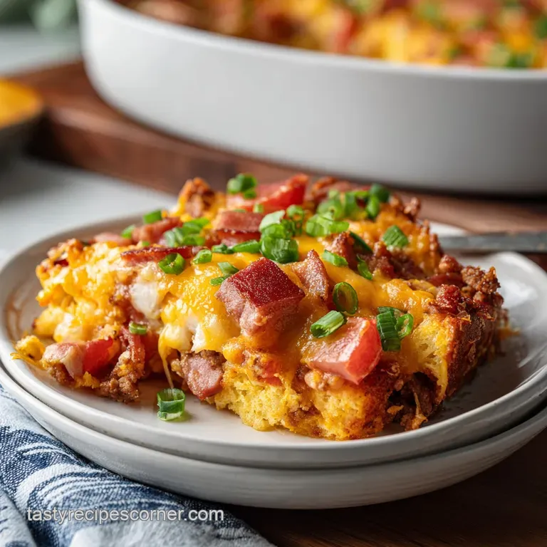 A generous scoop of savory casserole with a fluffy cornbread topping, artfully plated with fresh herbs.