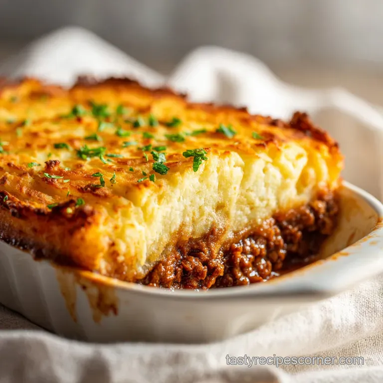 A generous scoop of shepherd's pie, golden and bubbly, artfully arranged on a rustic plate.