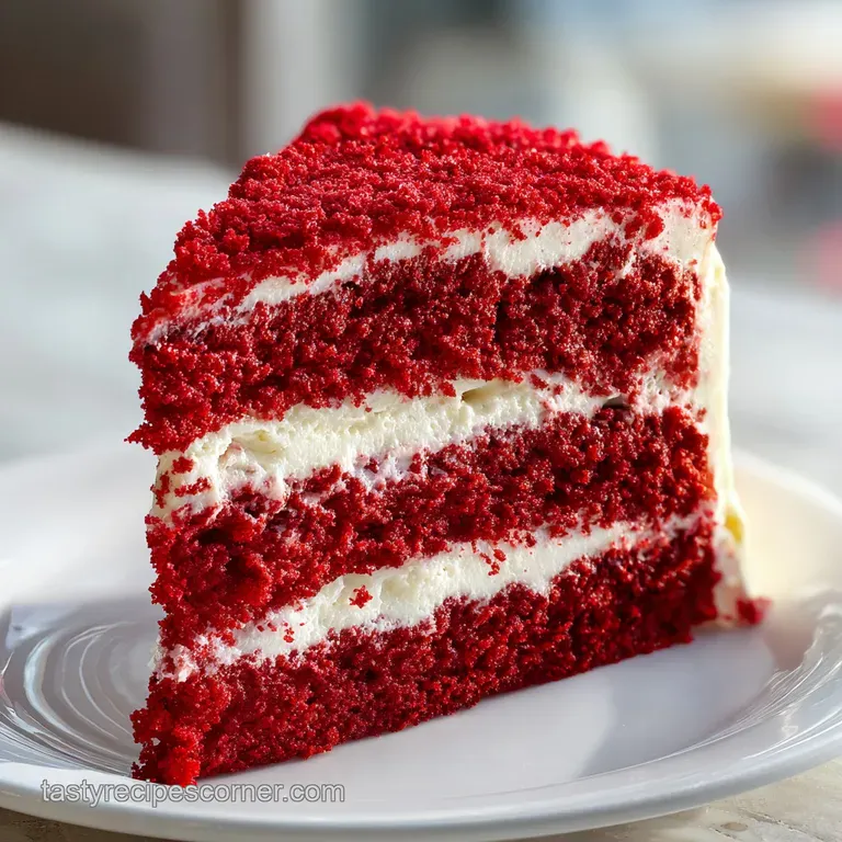 Elegant slice of scarlet cake, layered with white frosting, on a white plate, with soft, airy crumb, begging to be eaten.