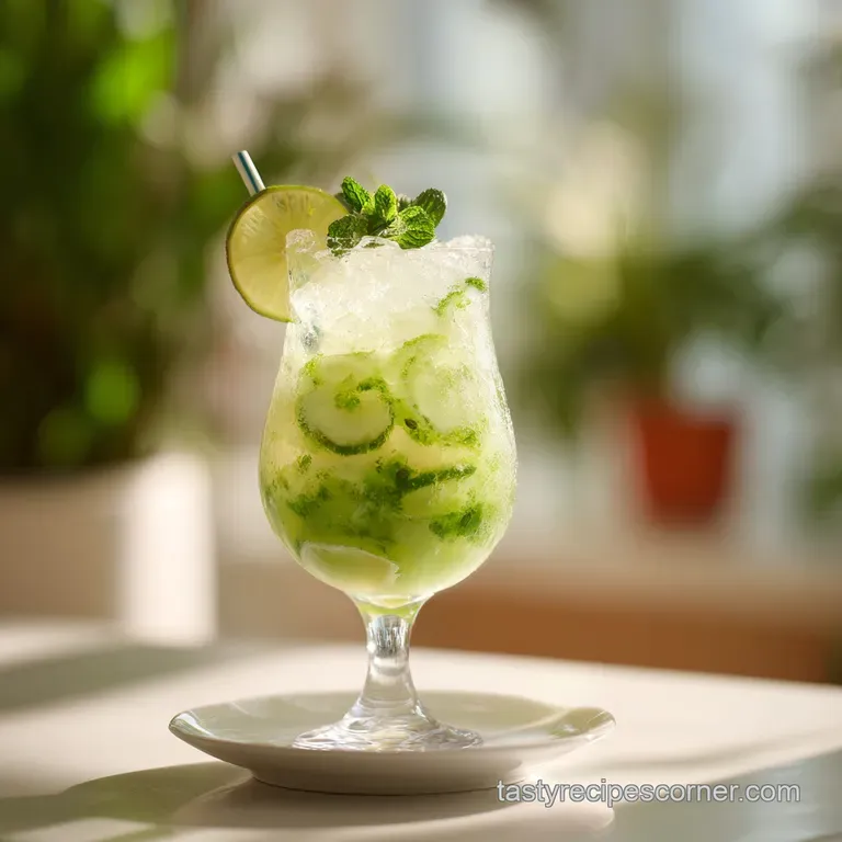 A tall glass of icy, azure blue cocktail garnished with a lime wedge and a bright pink umbrella.