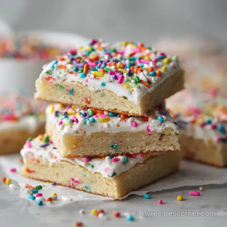 A slice of soft sugar cookie bar on a white plate, adorned with delicate pastel sprinkles & a swirl of icing.