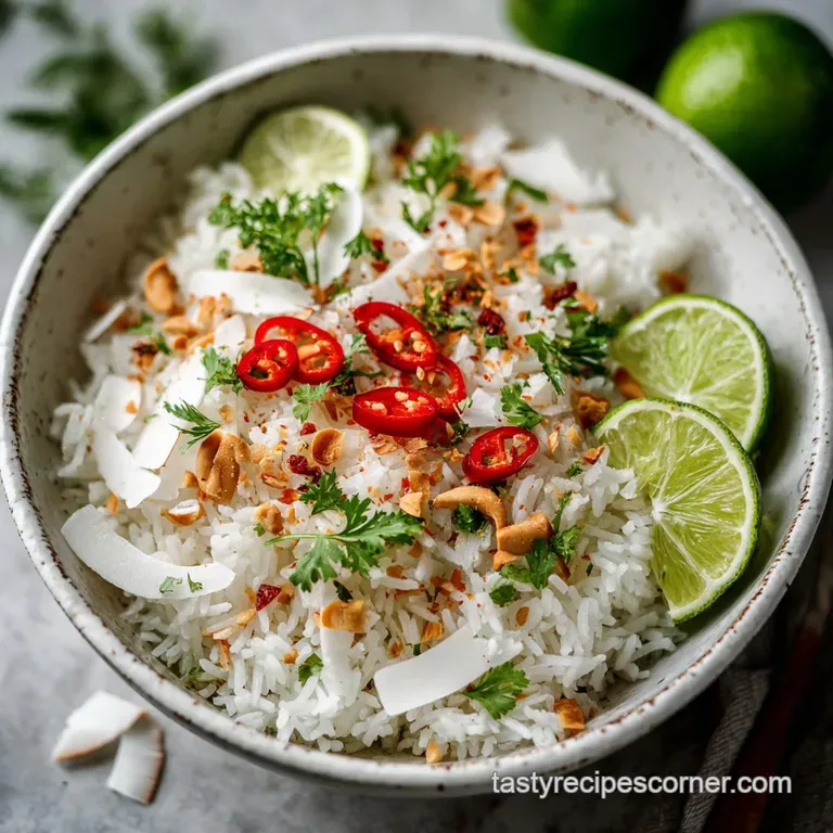 Elegant bowl of creamy coconut rice with vibrant green herbs and bright red chilies, drizzled sauce on a textured surface.