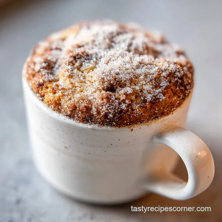 A cozy ceramic mug filled with golden sponge cake, dusted with cinnamon sugar beside a steaming cup of black coffee.