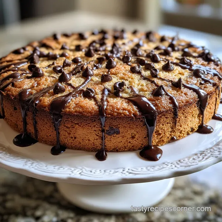 Slice of soft cookie cake on a plate, melty chips glisten, crumbs and drizzle of chocolate sauce adding depth.