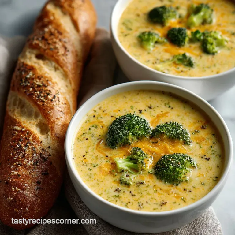 Elegant bowl of broccoli cheese soup topped with a swirl of cream and chopped broccoli, paired with a crusty bread slice.