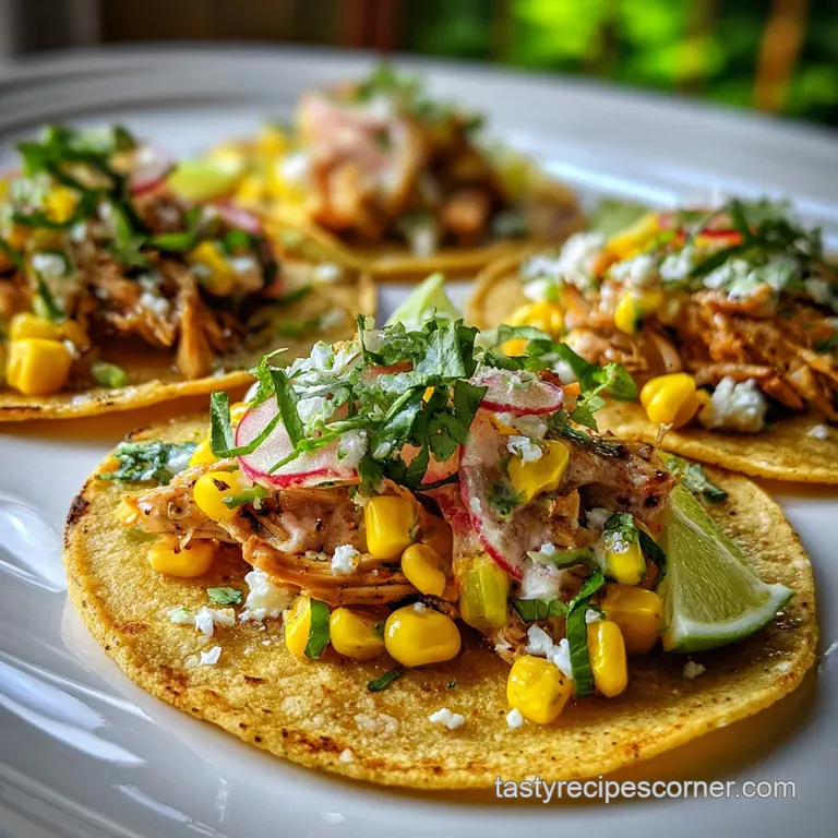 Stacked tacos on a white plate. Chicken chili filling spills out. Cilantro, lime, cheese topping. Rustic wooden background.