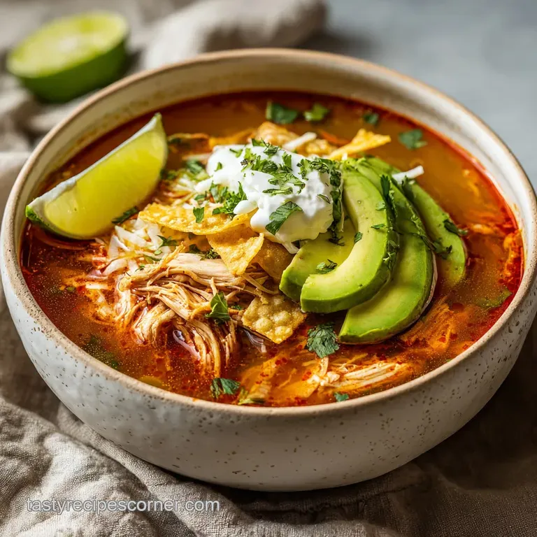 Steaming bowl of savory chicken tortilla soup, garnished with avocado, lime wedge, and crispy tortilla strips on a rustic ...