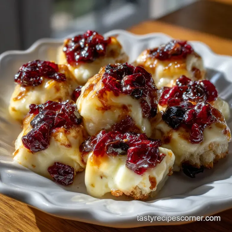 Elegant plate of honey-glazed cranberry brie bites, arranged artfully with sprigs of fresh rosemary, inviting taste and en...