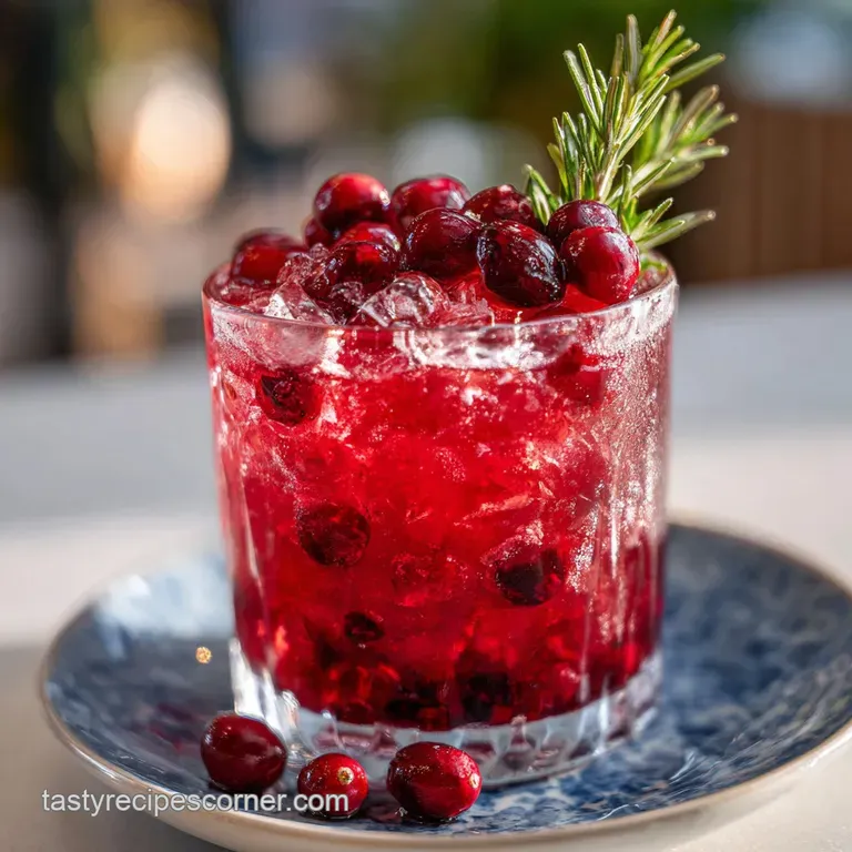Elegant glass of ruby-red bubbly cocktail garnished with a rosemary stem and berries on a festive gold tray.