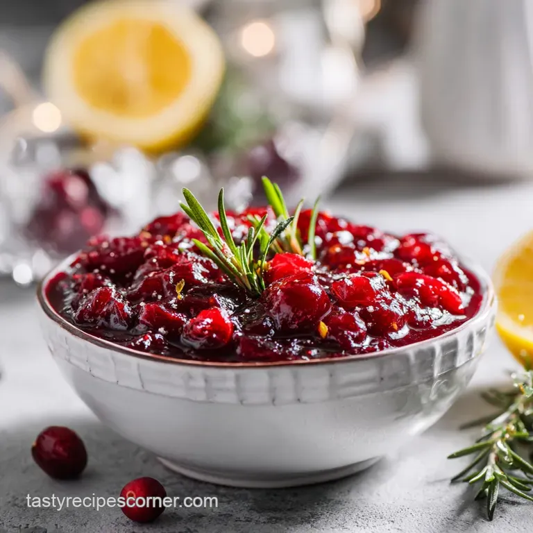 Glossy, jewel-toned cranberry sauce in a glass bowl. A silver spoon rests nearby, inviting a taste of this tart, sweet treat.