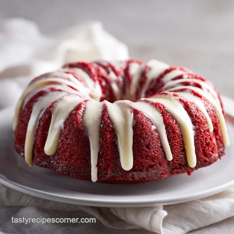 Slice of red velvet bundt cake on a white plate; a vibrant red color contrasts with the smooth, rich cream cheese frosting...