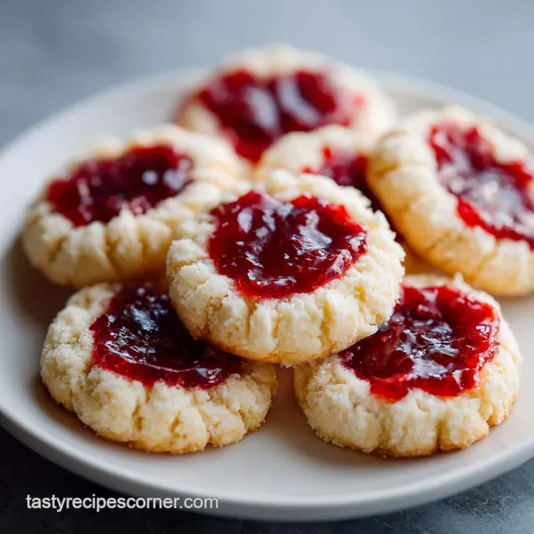 A single thumbprint cookie with a glossy, buttery sheen presented on a small plate. The cookie is filled with a vibrant jam.